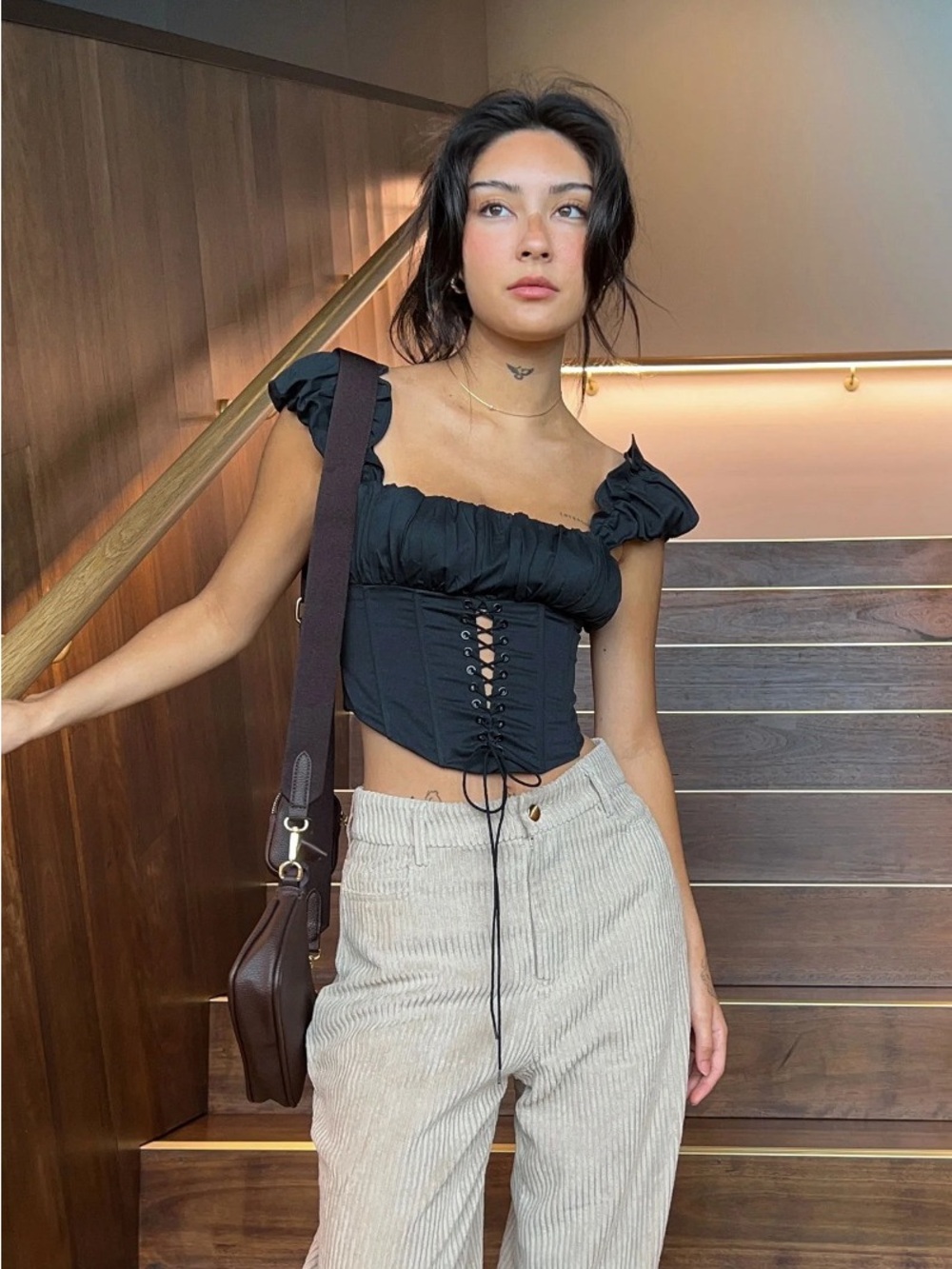 Princess Polly Black Lace-Up Puff Sleeve Corset Top